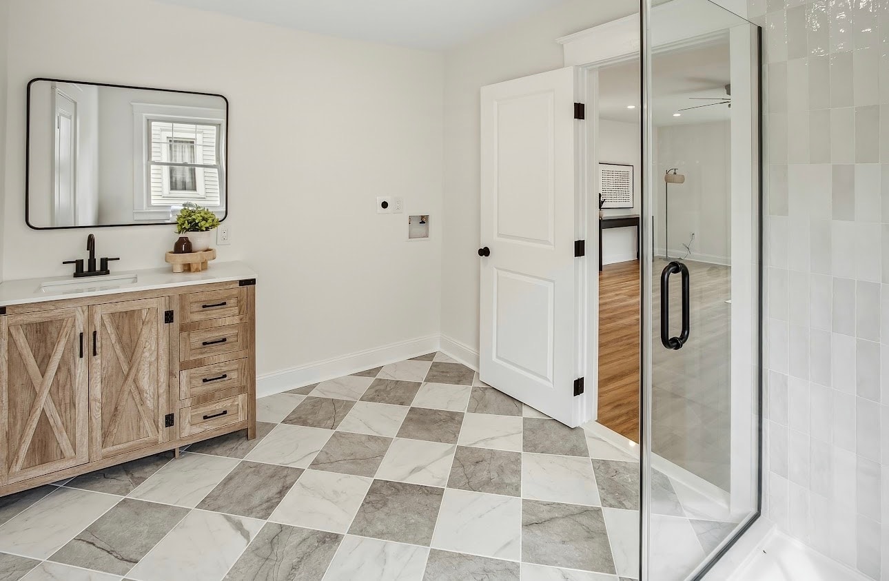 Modern bathroom with wood vanity and shower